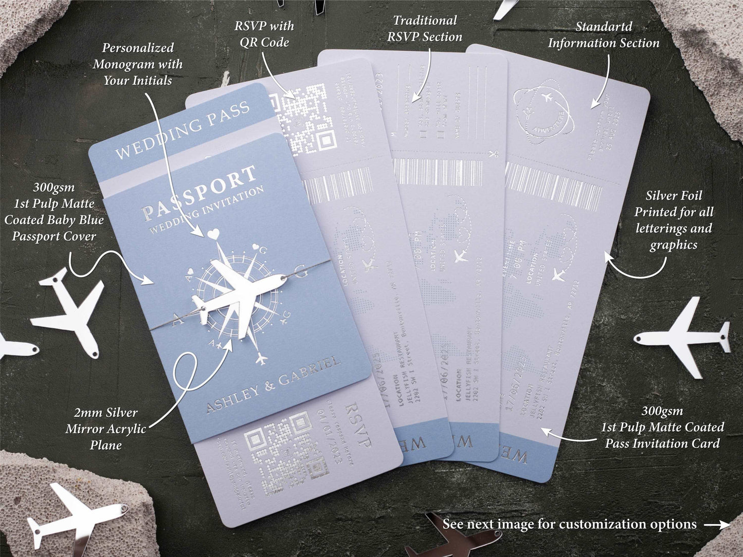Elegant Baby Blue Wedding Invite – Silver Foil Boarding Pass Design