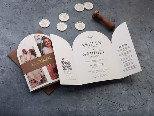Modern Arch & Gatefold Wedding Invite Featuring a Romantic Photo - LA Invitations Co