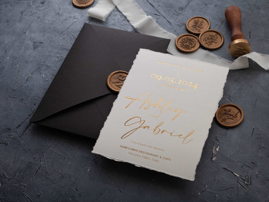 Classic Deckled Edge Wedding Invite Featuring Gold Foil Print - LA Invitations Co