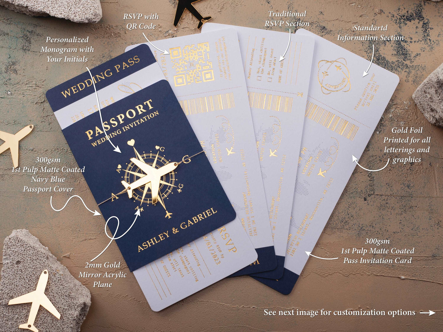 Gold Foil Destination Wedding Invitation in Navy Blue Passport Style