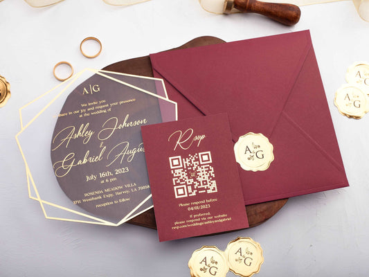 Elegant Acrylic Invite with Gold Foil and Deep Burgundy Envelope - LA Invitations Co