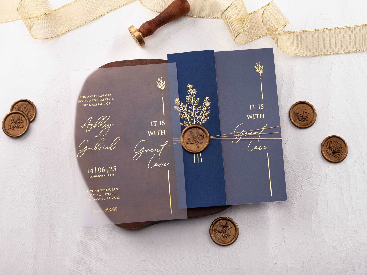Acrylic Invitation with Gold Foil and Navy Blue Folded Jacket