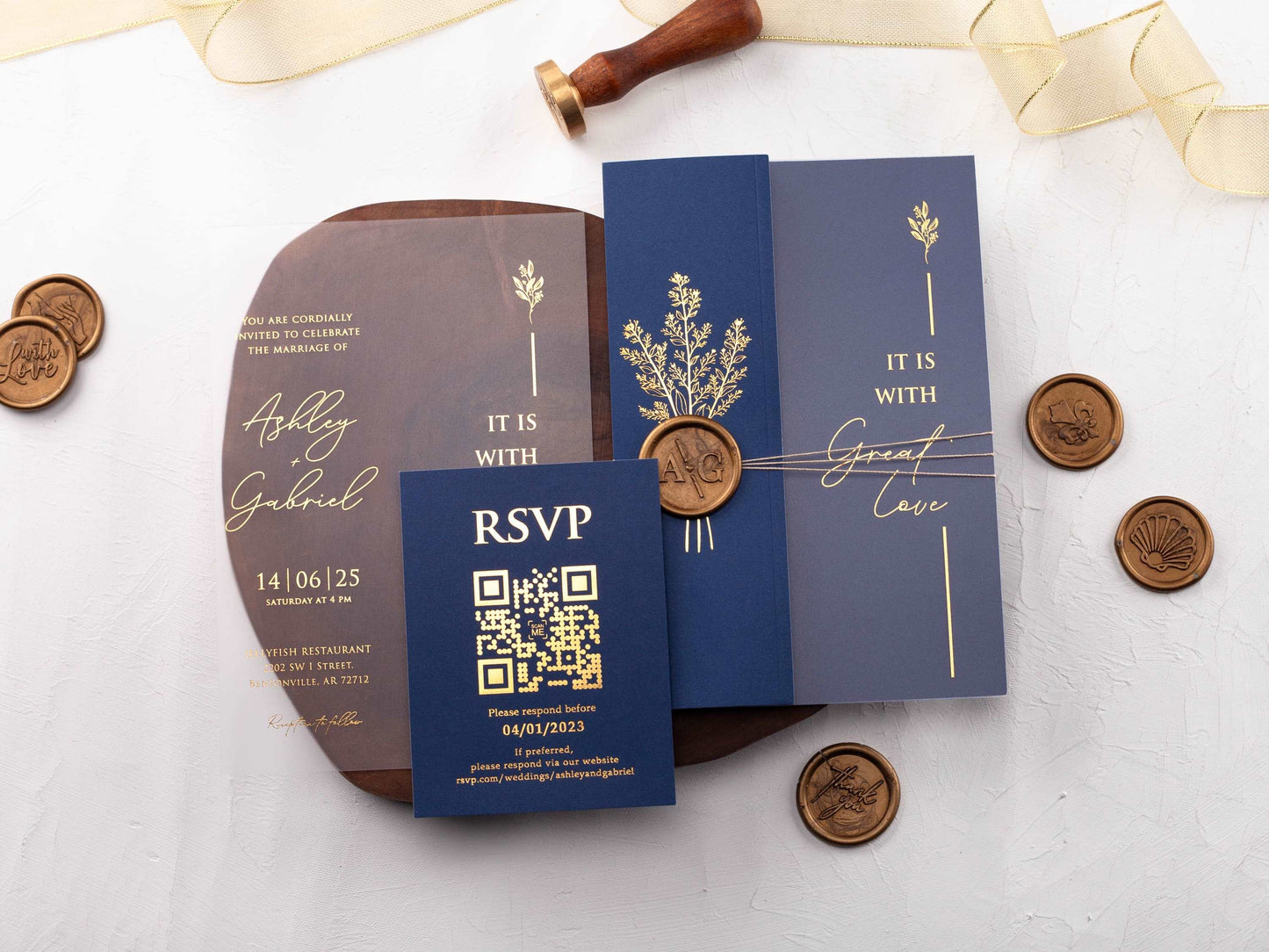 Acrylic Invitation with Gold Foil and Navy Blue Folded Jacket