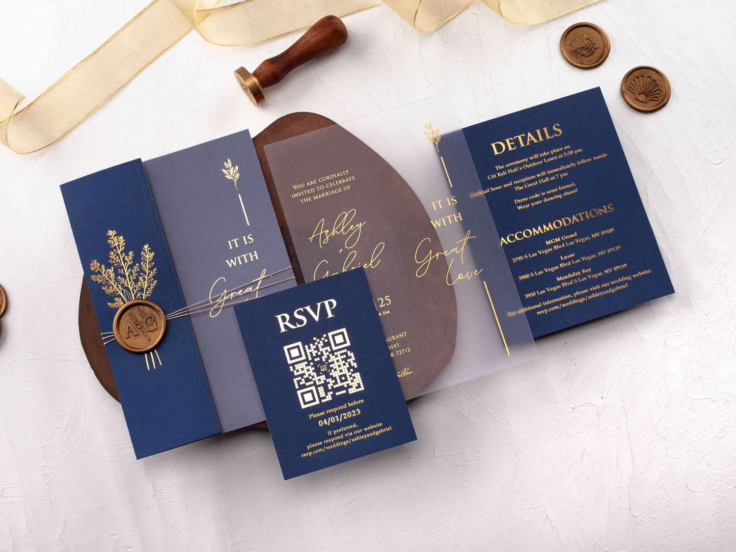 Acrylic Invitation with Gold Foil and Navy Blue Folded Jacket