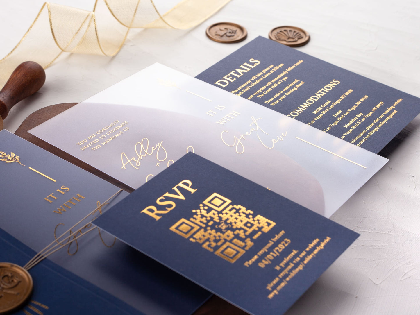 Acrylic Invitation with Gold Foil and Navy Blue Folded Jacket
