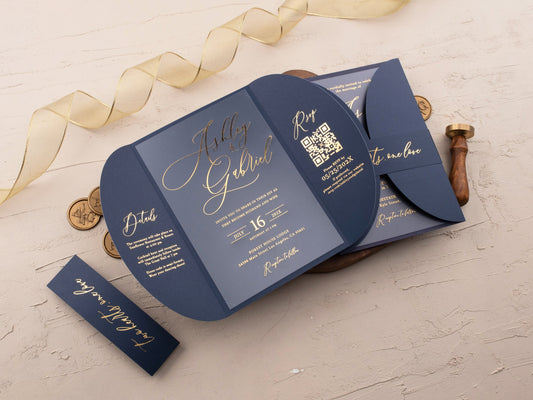 Luxurious Acrylic Card with Gold Foil and Classic Navy Gatefold - LA Invitations Co