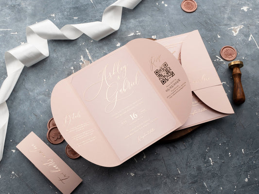Chic Rose Gold Foil Acrylic Invite with Soft Blush Fold Cover - LA Invitations Co