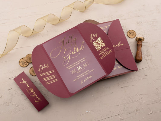 Luxurious Acrylic Invite with Gold Lettering and Burgundy Fold Jacket - LA Invitations Co