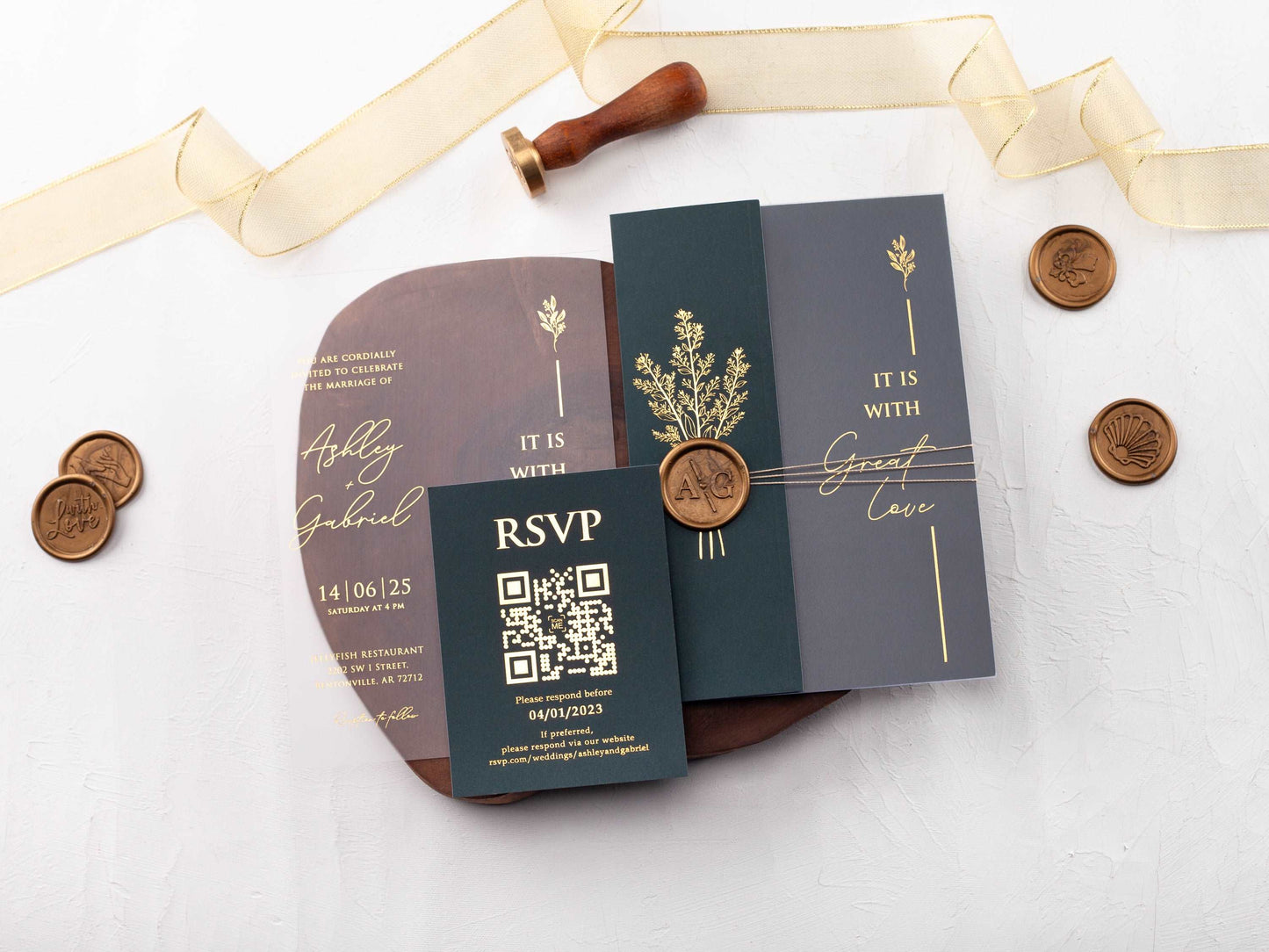 Acrylic Invitation with Dark Green Folded Jacket and Gold Foil