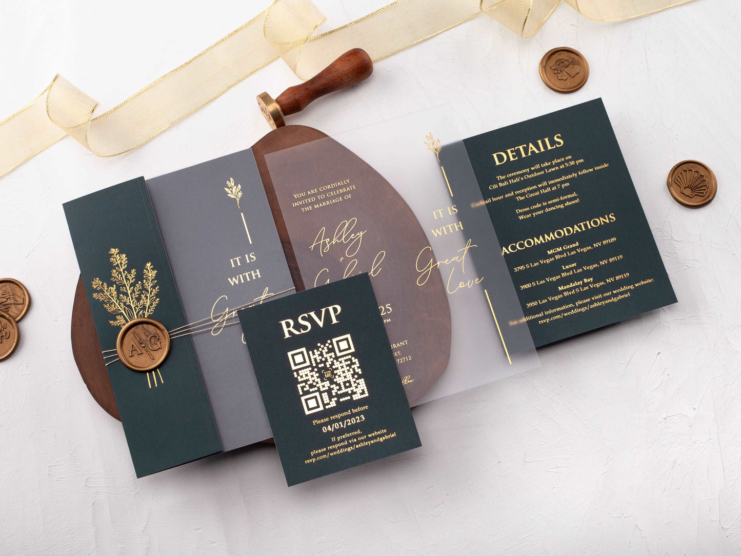 Acrylic Invitation with Dark Green Folded Jacket and Gold Foil