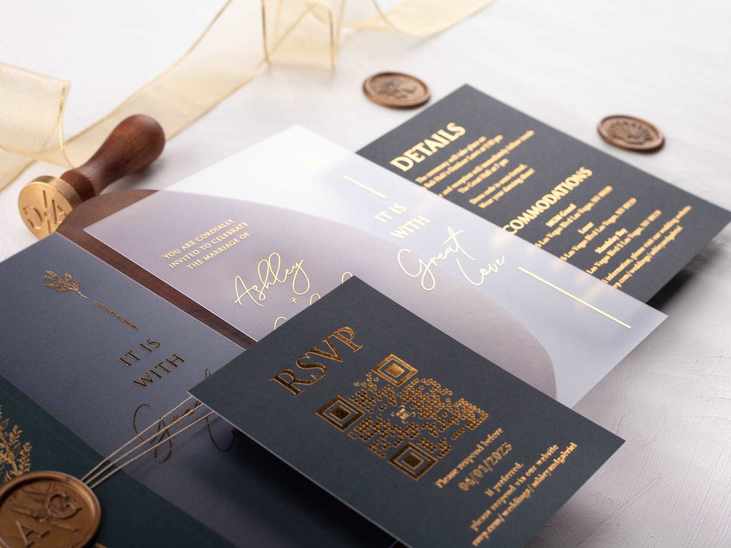 Acrylic Invitation with Dark Green Folded Jacket and Gold Foil