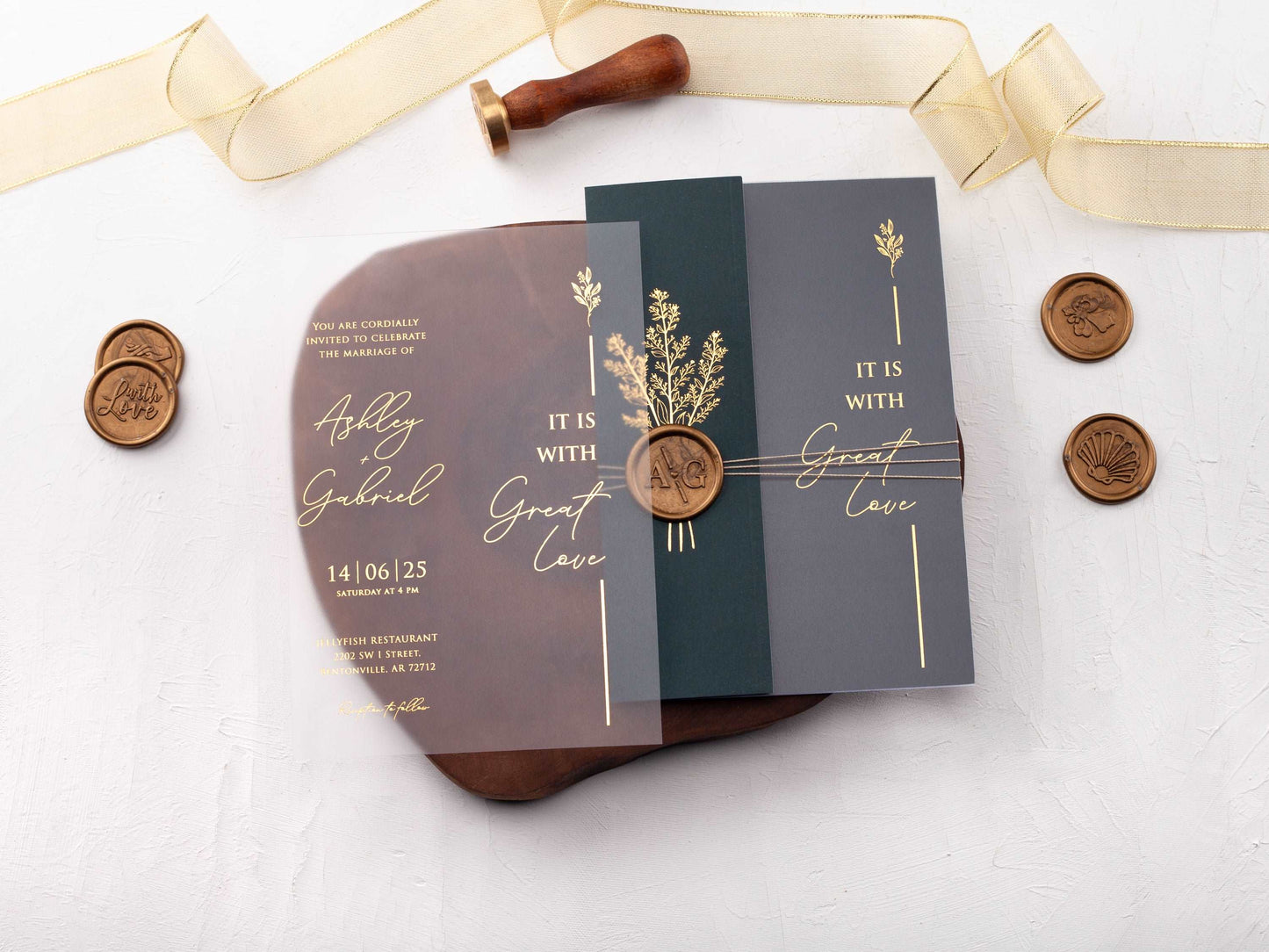 Acrylic Invitation with Dark Green Folded Jacket and Gold Foil