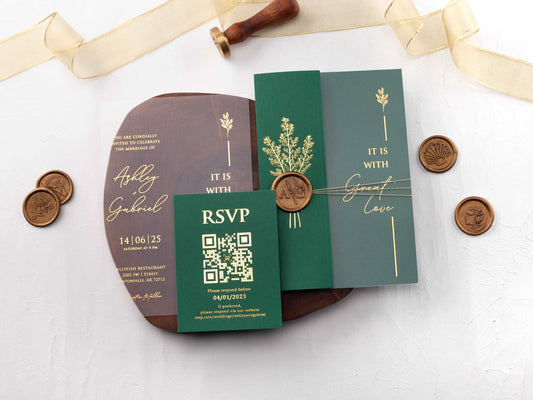 Emerald Green Folded Jacket with Gold Foil Printed Acrylic Invitation - LA Invitations Co