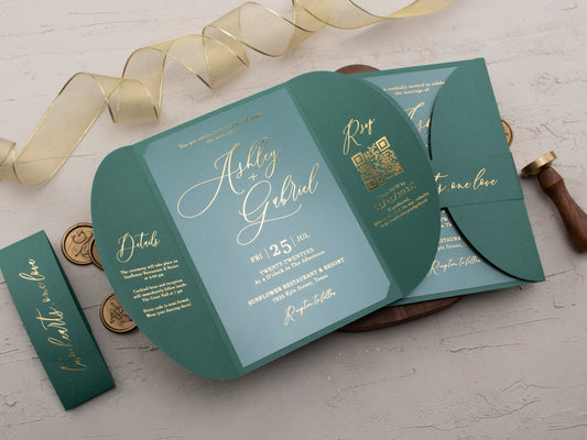 Elegant Acrylic Invitation with Gold Foil and Emerald Gatefold - LA Invitations Co