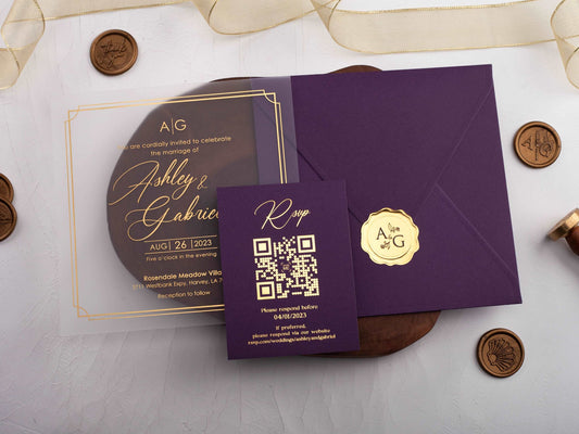 Elegant Acrylic Invite with Gold Foil and Rich Purple Envelope - LA Invitations Co
