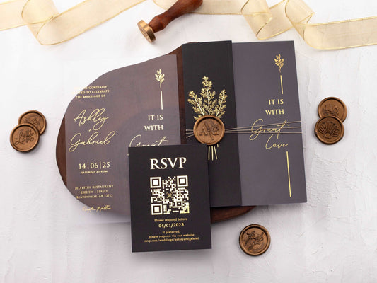 Acrylic Wedding Invitation with Black Folded Jacket and Gold Foil - LA Invitations Co
