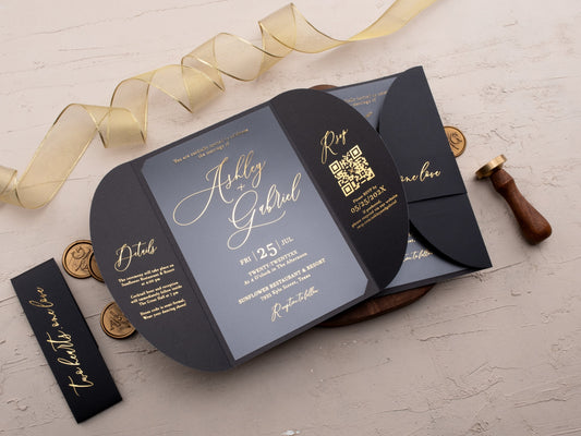 Chic Acrylic Invite with Gold Foil and Striking Black Jacket - LA Invitations Co