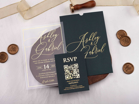 Acrylic Wedding Invitation with Gold Foil and Dark Green Envelope - LA Invitations Co