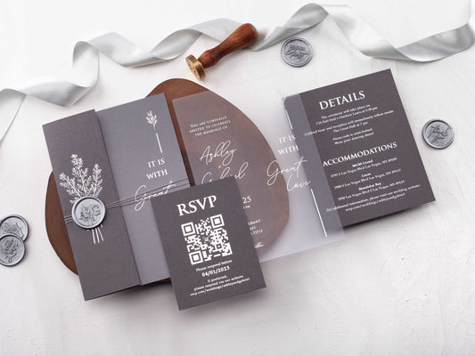 Gray Folded Jacket with Silver Foil Printed Acrylic Invitation - LA Invitations Co