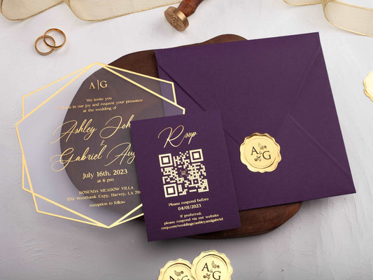 Acrylic Wedding Invitation with Gold Foil and Purple Envelope - LA Invitations Co