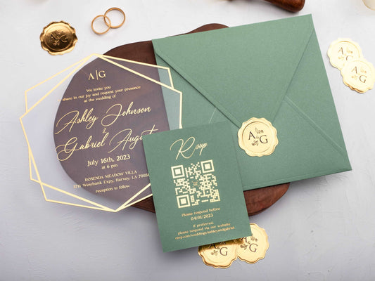 Acrylic Wedding Invitation with Gold Foil and Sage Green Envelope - LA Invitations Co