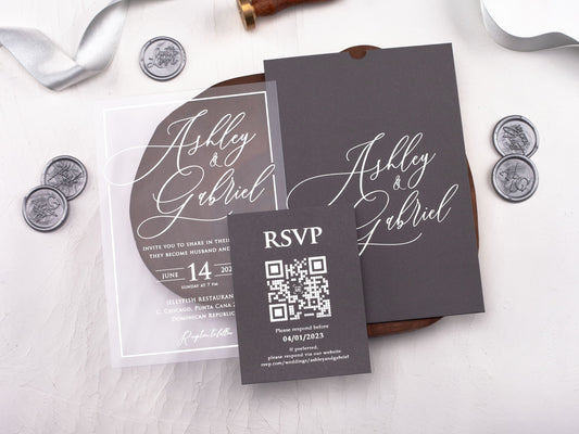 Acrylic Wedding Invitation with Silver Foil and Gray Envelope - LA Invitations Co