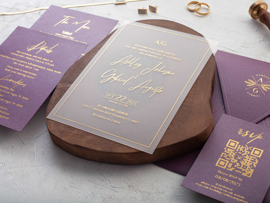 Gold Foil Printed Acrylic Wedding Invitation with Purple Envelope - LA Invitations Co