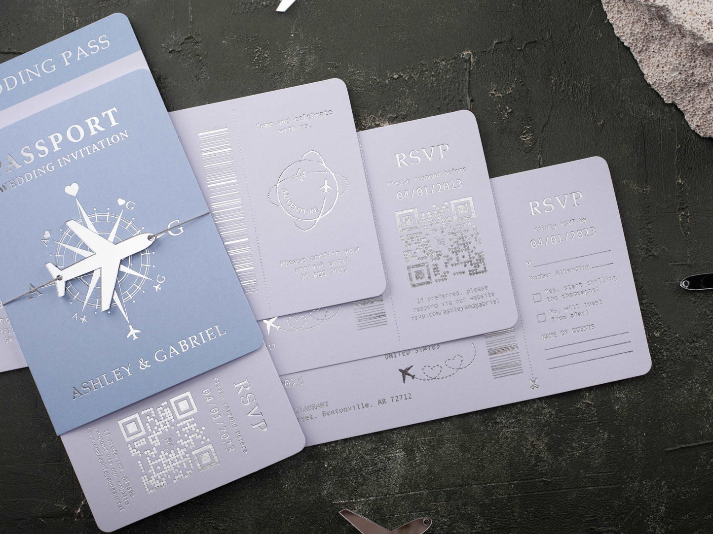 Elegant Baby Blue Wedding Invite – Silver Foil Boarding Pass Design
