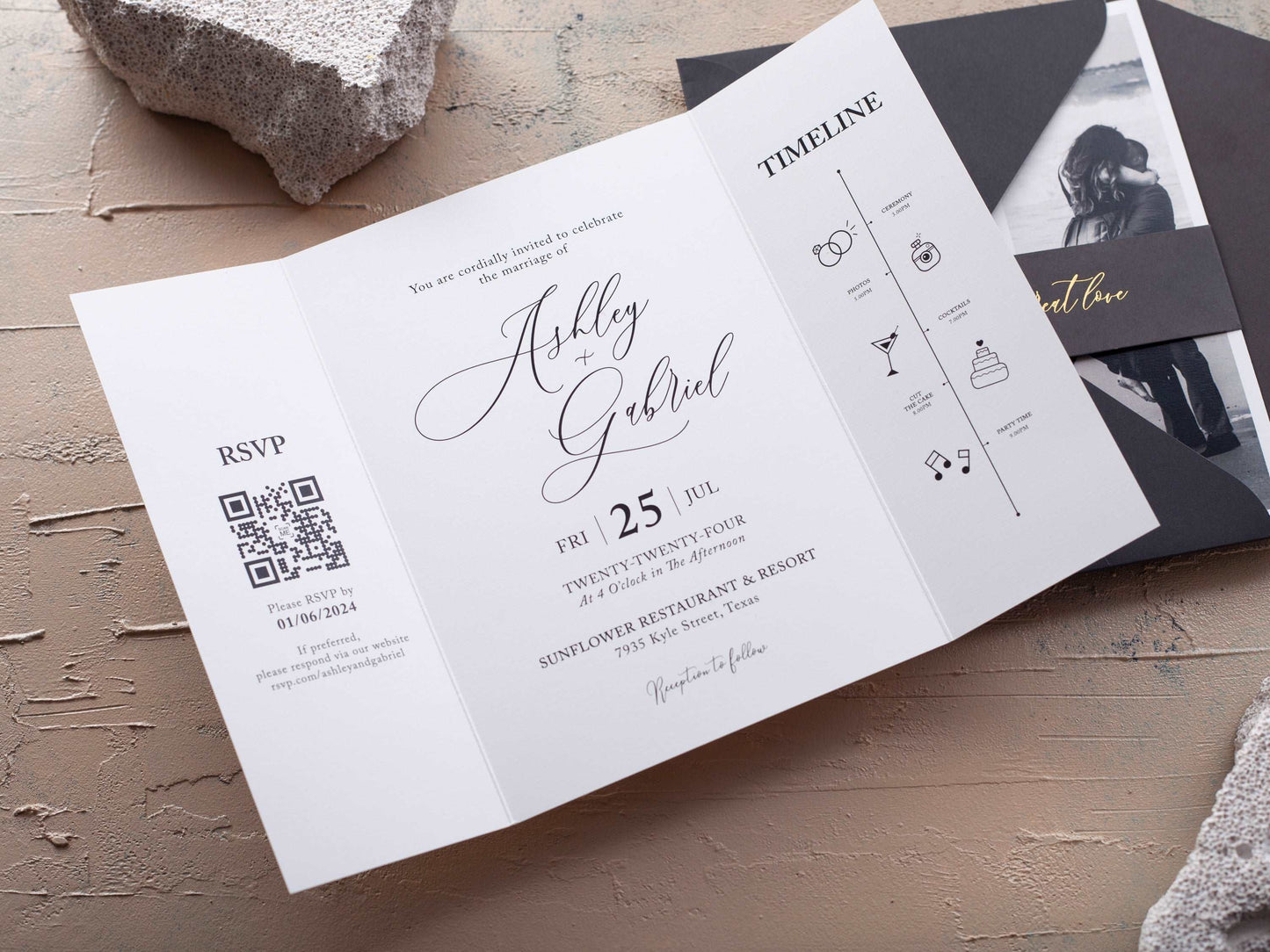 Folded Wedding Invitation with Photo and Wedding Day Timeline