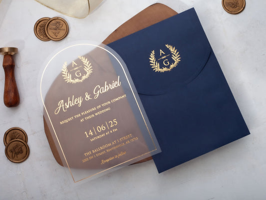 Chic Arch Acrylic Invite Featuring Elegant Gold Foil Details - LA Invitations Co