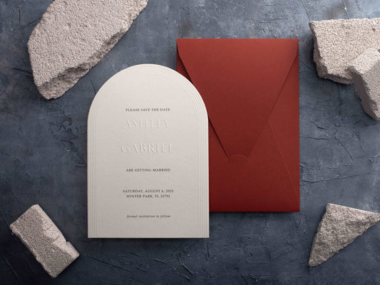Embossed Arch Save the Date Card Paired with Terracotta Envelope - LA Invitations Co