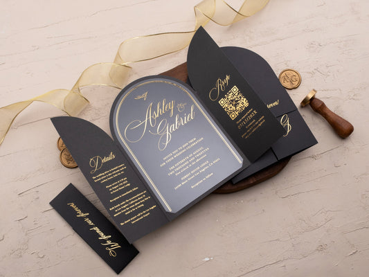 Gold Foil Arch Acrylic Invitation with Black Gatefold Jacket - LA Invitations Co