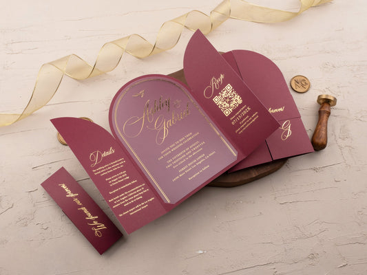 Elegant Arch Acrylic Invitation with Gold Foil and Burgundy Fold Cover - LA Invitations Co