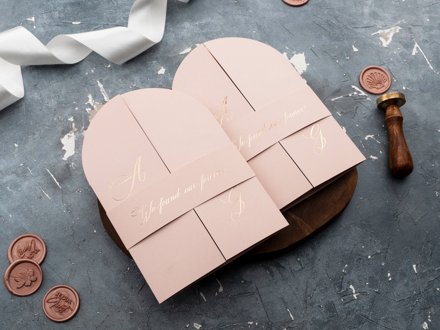 Blush Pink Gatefold Arch Acrylic Invitation with Rose Gold Lettering