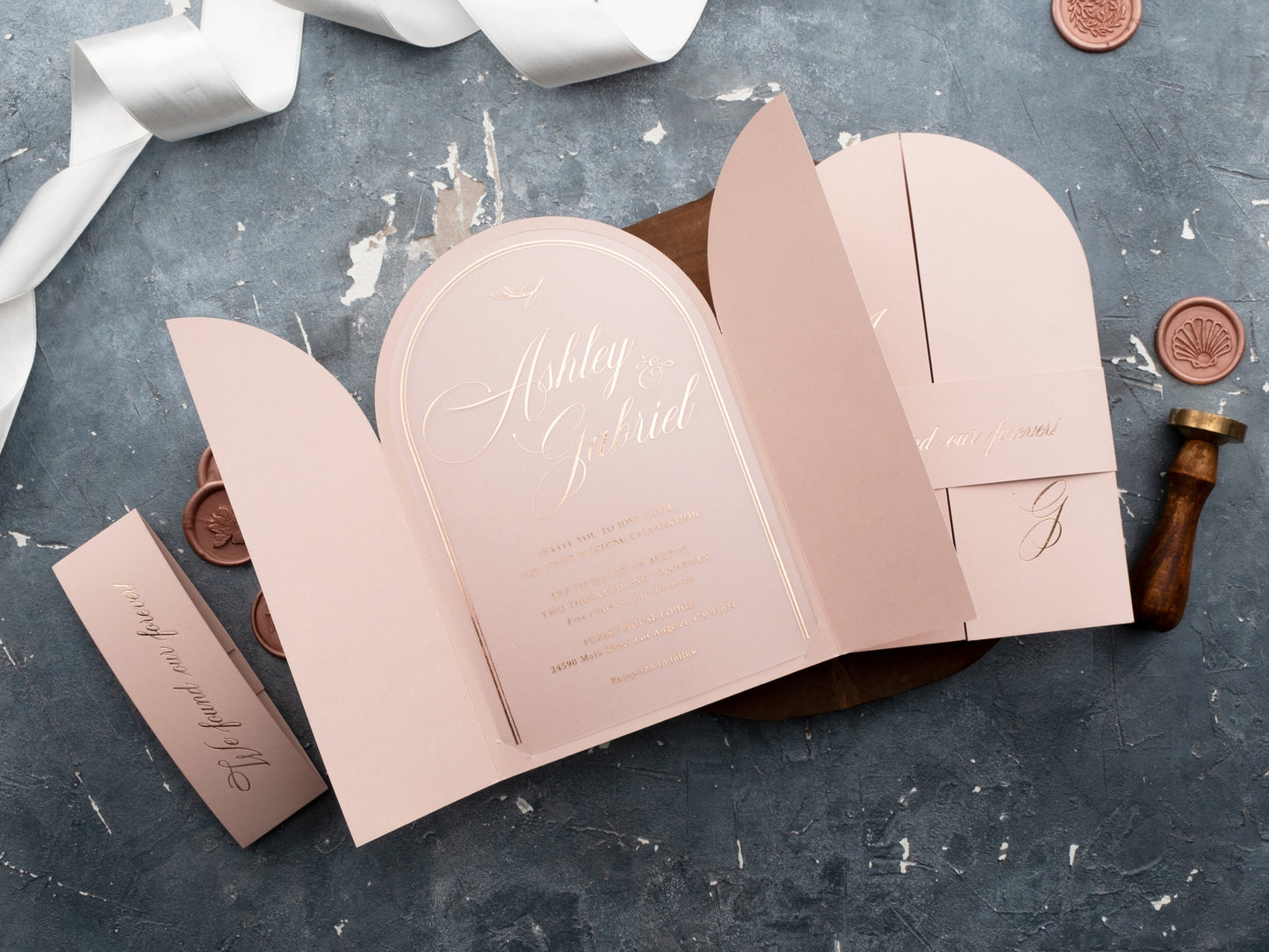 Blush Pink Gatefold Arch Acrylic Invitation with Rose Gold Lettering