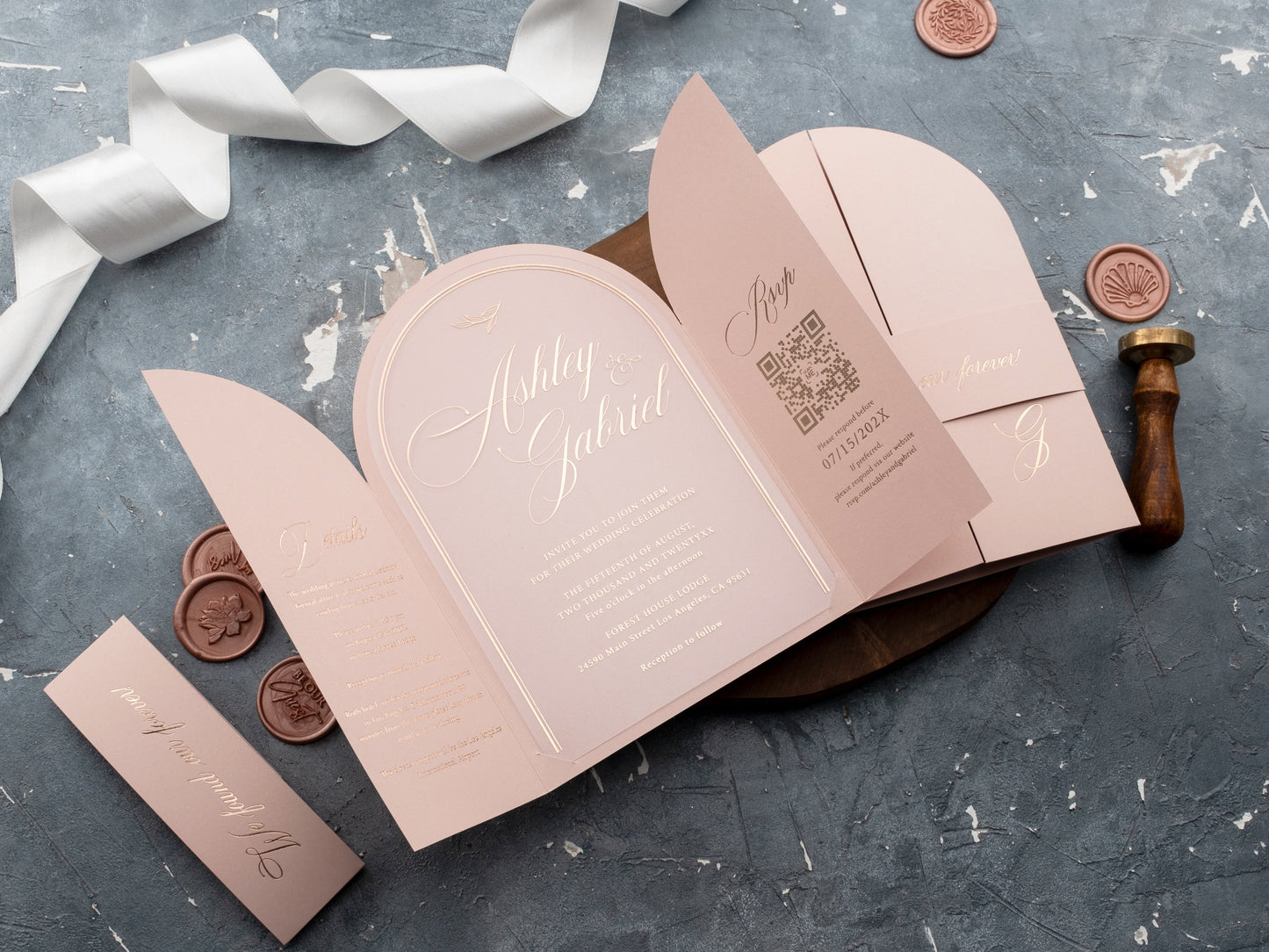 Blush Pink Gatefold Arch Acrylic Invitation with Rose Gold Lettering