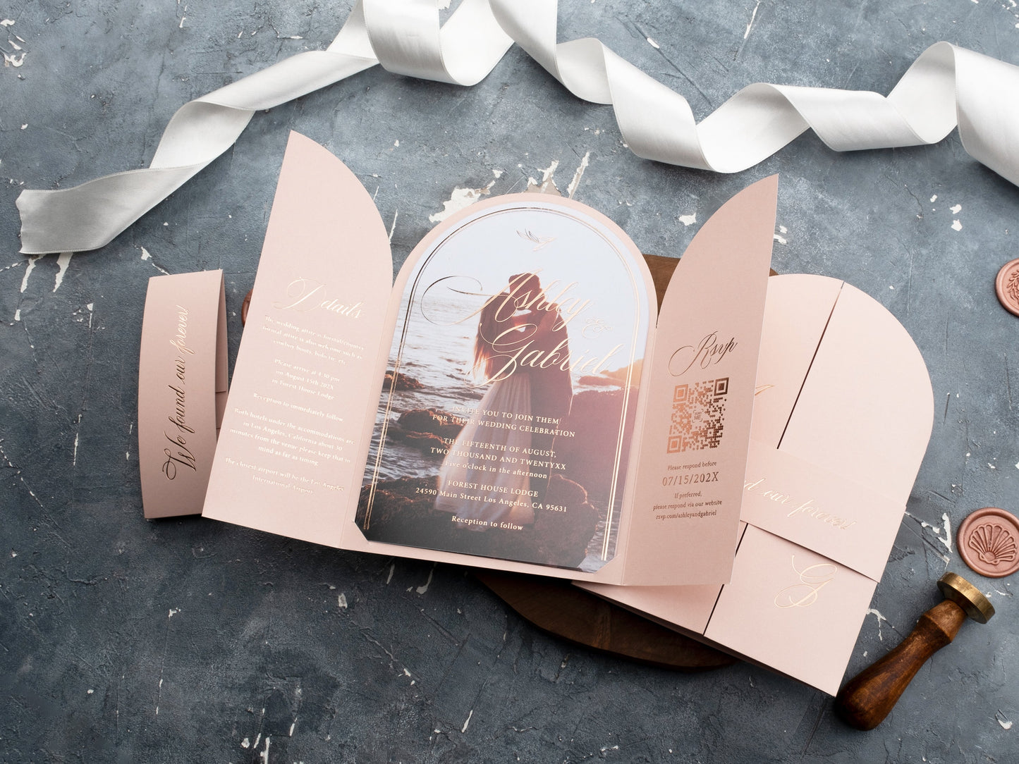 Blush Pink Gatefold Arch Acrylic Invitation with Rose Gold Lettering
