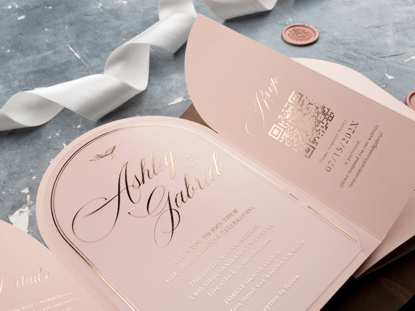Blush Pink Gatefold Arch Acrylic Invitation with Rose Gold Lettering