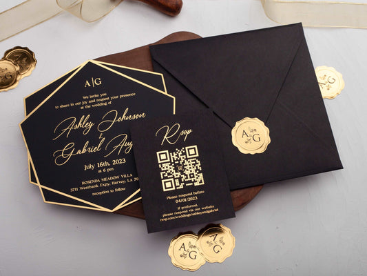 Luxury Acrylic Invitation in Black with Gold Foil Wording - LA Invitations Co