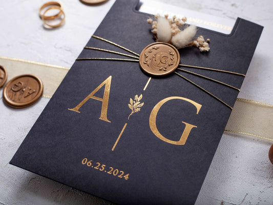 Gold Foil Acrylic Wedding Invitation with Black Envelope - LA Invitations Co