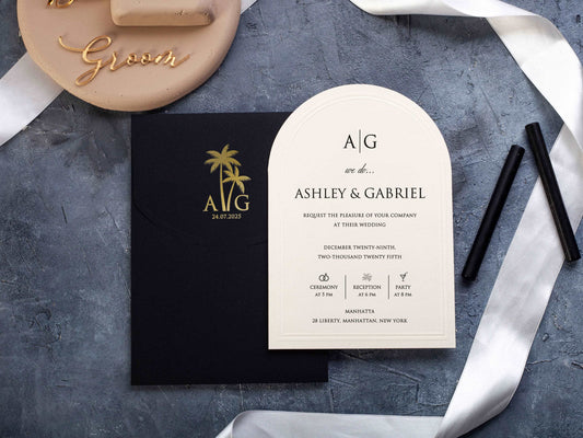 Stylish Black and Gold Wedding Invitation in Arch Style - LA Invitations Co
