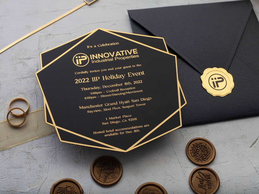 Elegant Black Acrylic Corporate Invitation with Gold Foil - LA Invitations Co