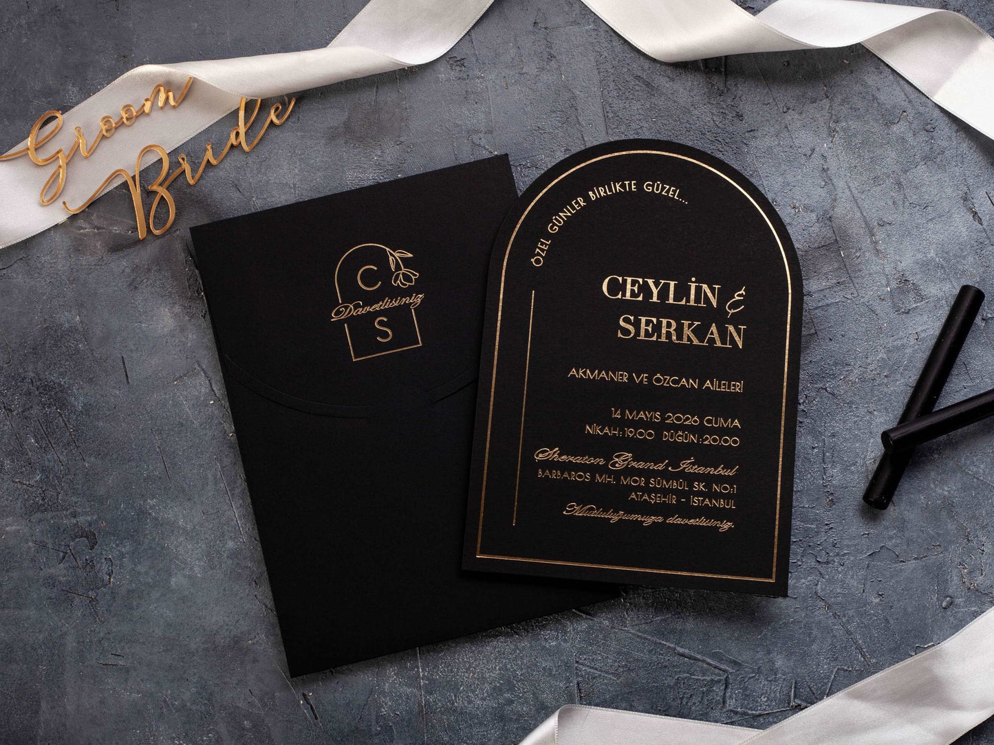 Luxury Black Arch Invitation with Gold Foil Print