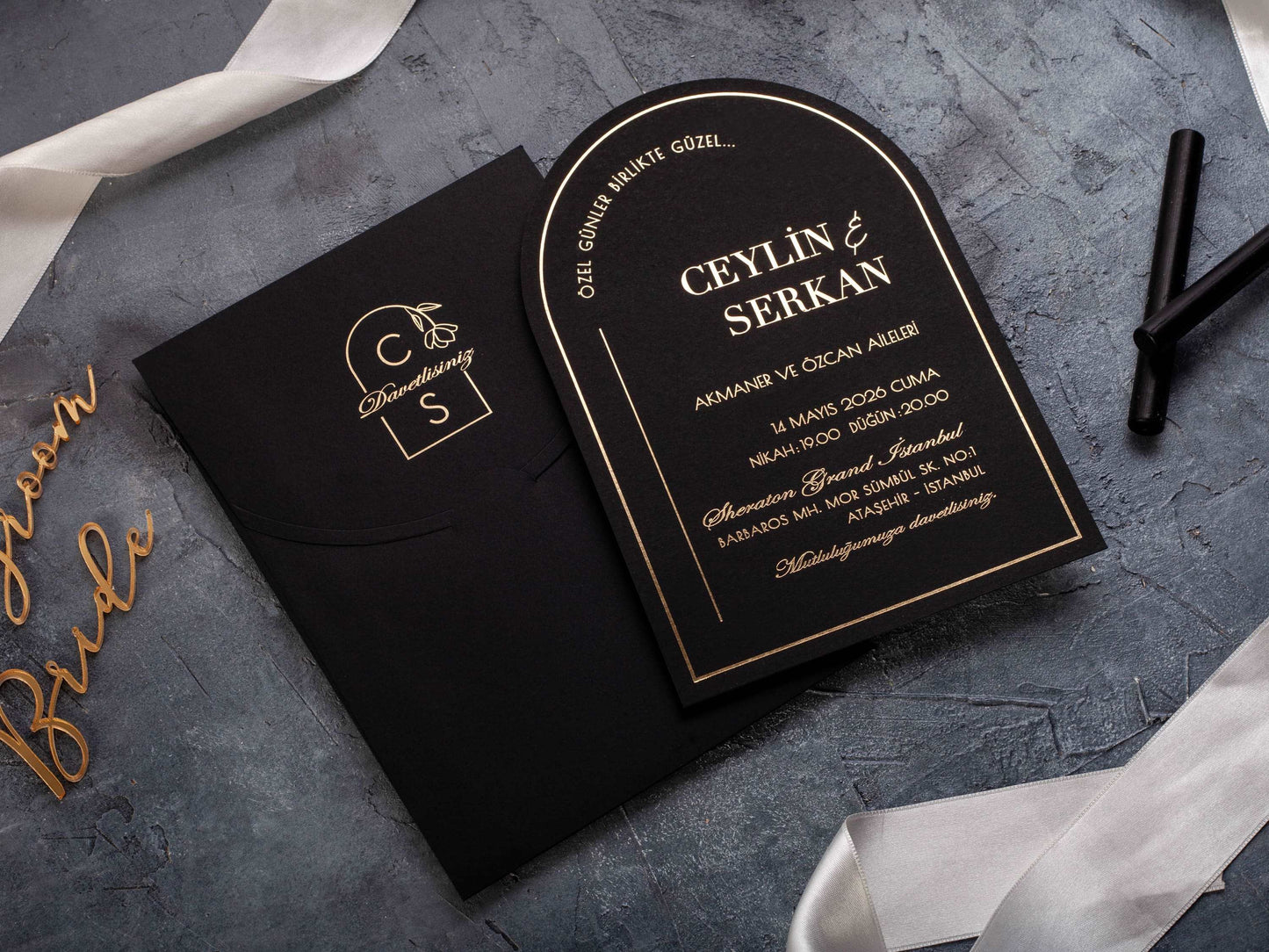 Luxury Black Arch Invitation with Gold Foil Print