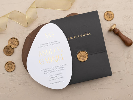 Modern-Shaped Wedding Invitation in Black with Gold Foil Accents - LA Invitations Co