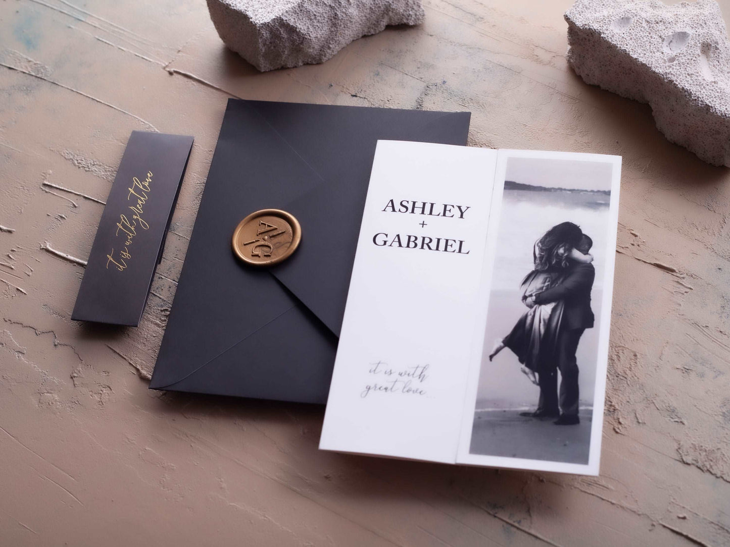 Folded Wedding Invitation with Photo and Wedding Day Timeline
