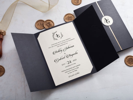 Sophisticated Black Wedding Invitation with Gold Highlights - LA Invitations Co