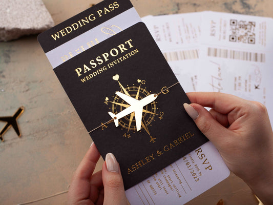 Luxury Black Passport Wedding Invitation with Gold Foil Details