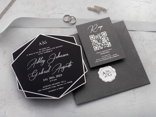 Black Acrylic Wedding Invitation with Silver Foil and Gray Envelope - LA Invitations Co
