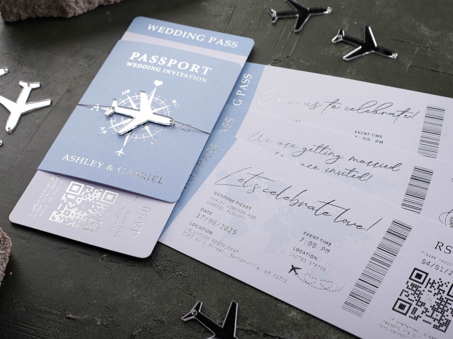 Elegant Baby Blue Wedding Invite – Silver Foil Boarding Pass Design
